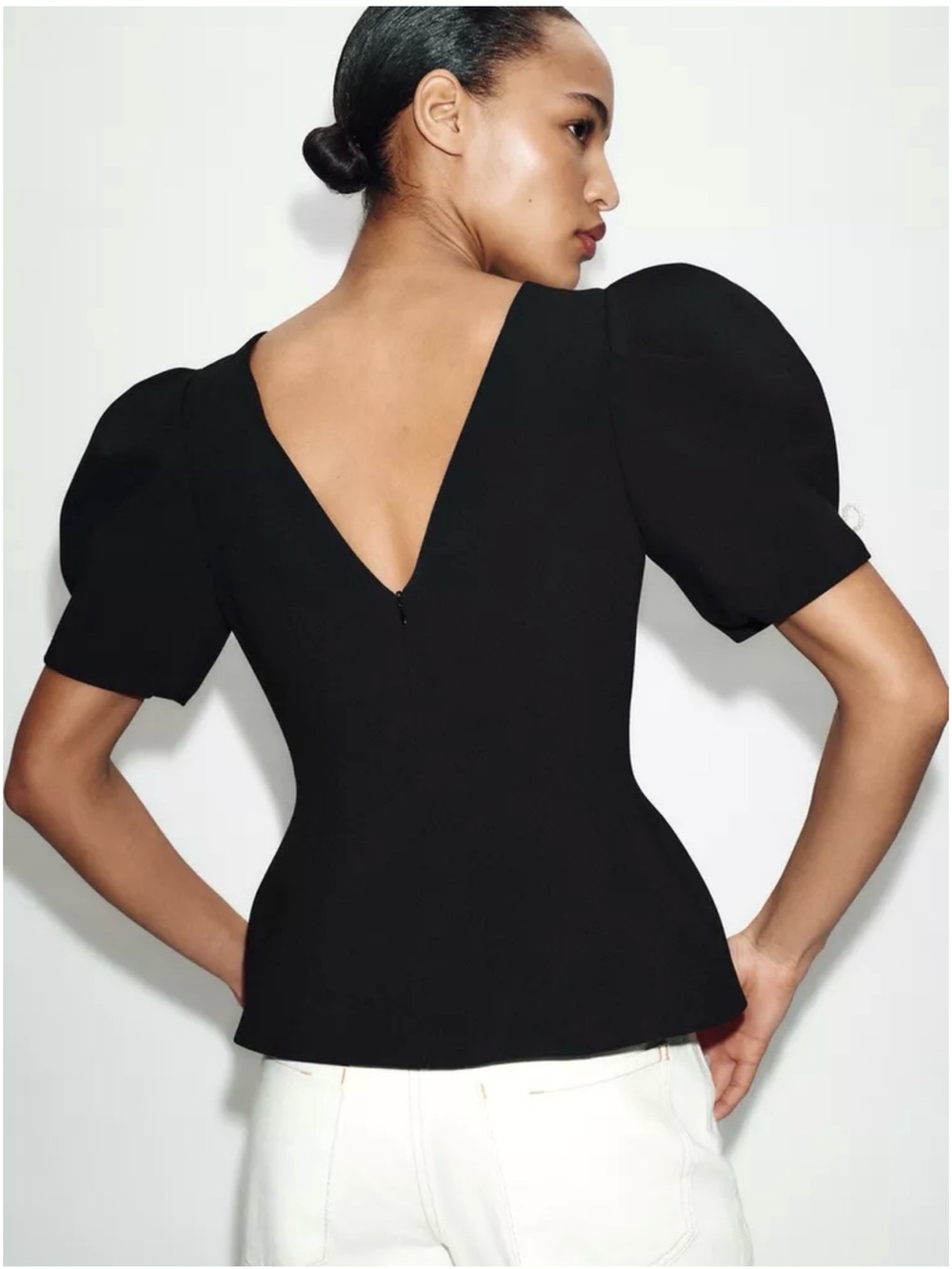 Zara Pearl Bow Puff Sleeve Peplum Top Black Size Small NWT Elegant Luxury - Picture 4 of 11